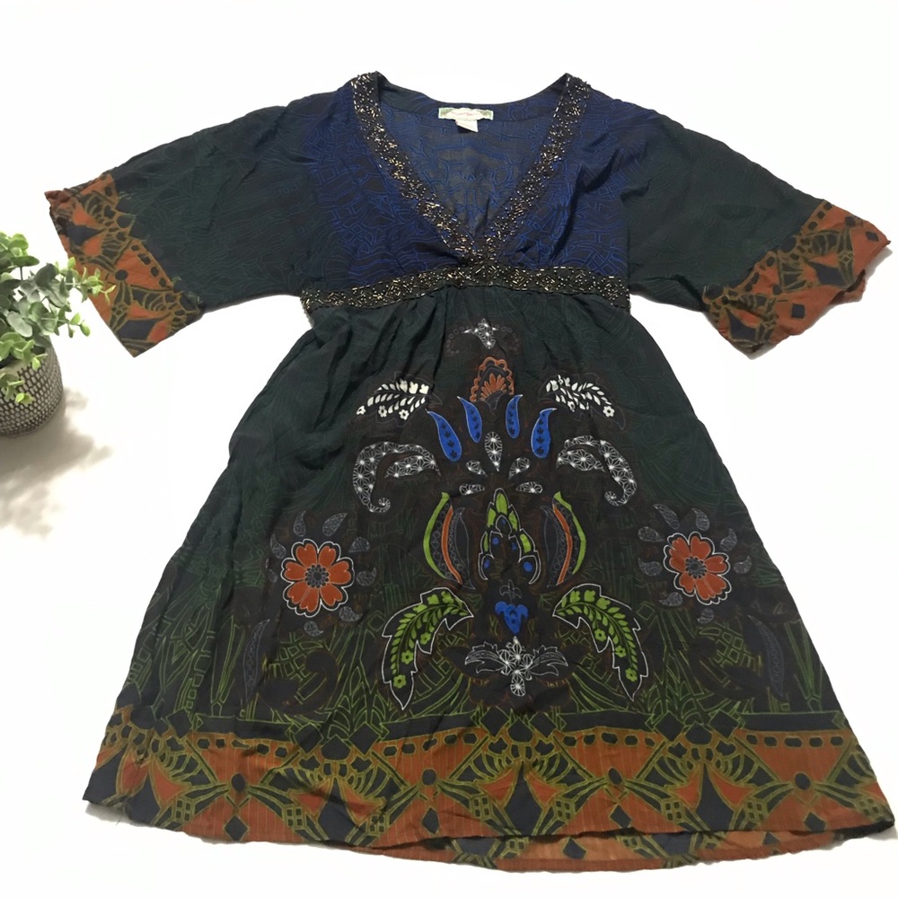Flying Tomato Blk Boho tribal Beaded Rayon Dress M